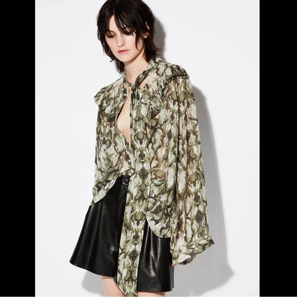 Nili Lotan Snake Print 100% Silk Chiffon Top Front Tie